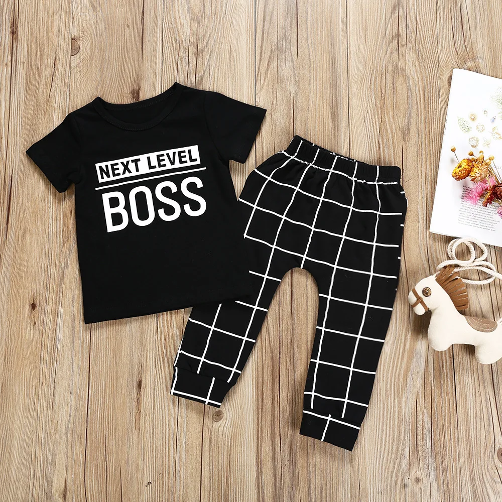 Summer Kids Boys Clothing Short Sleeve Top Next Level Boss T-shirt Plaid Pants Outfits 2pcs Set Toddler |