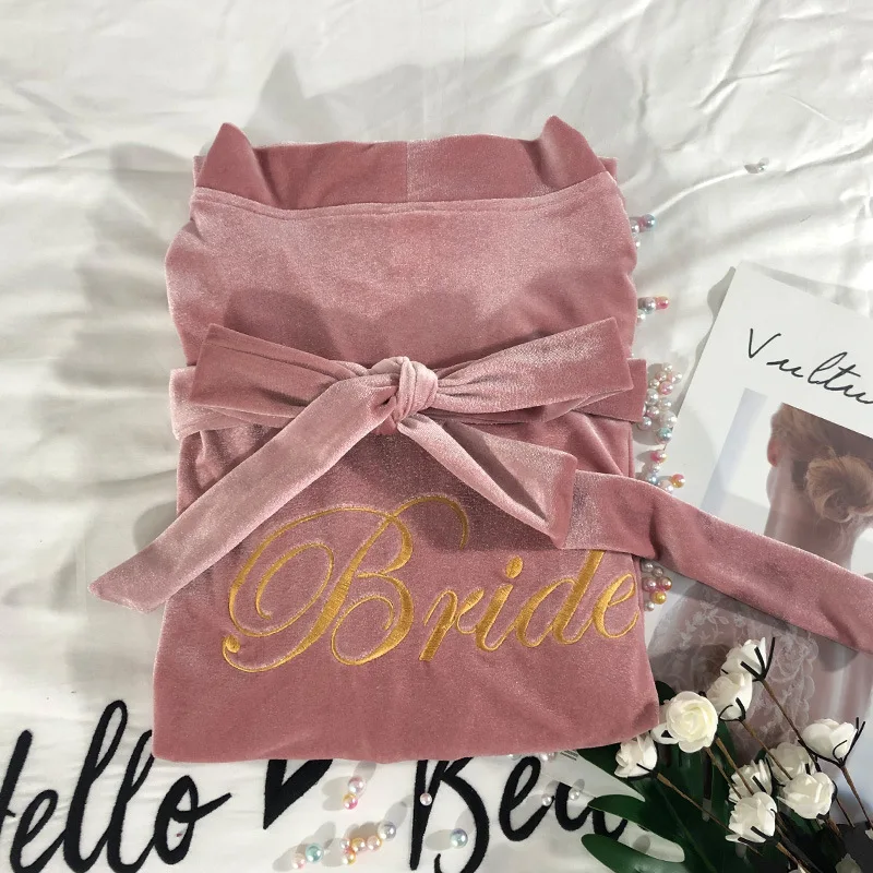 

Pink Bathrobe Gown Intimate Lingerie Velour Kimono Bride Wedding Robe Autumn New female Nightwear Velvet Sexy Sleepwear