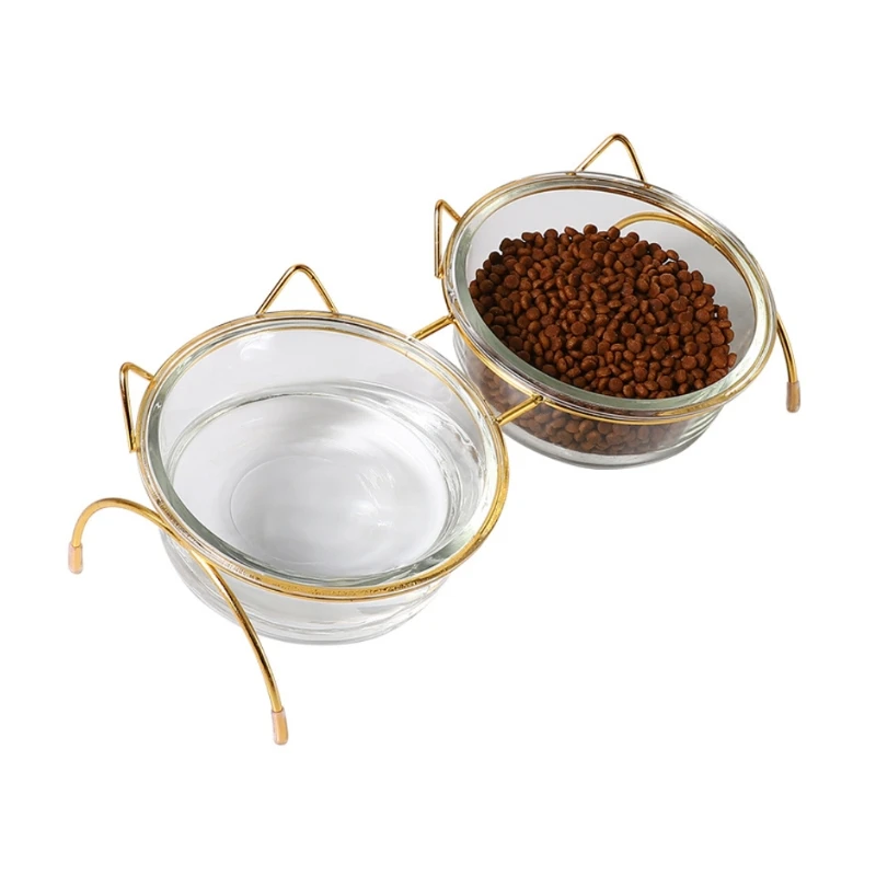 

Pet Dog Cat Glass Tilted Elevated Bowl Raised Feeding Dish Food Water Slow Feeder with Metal Stand