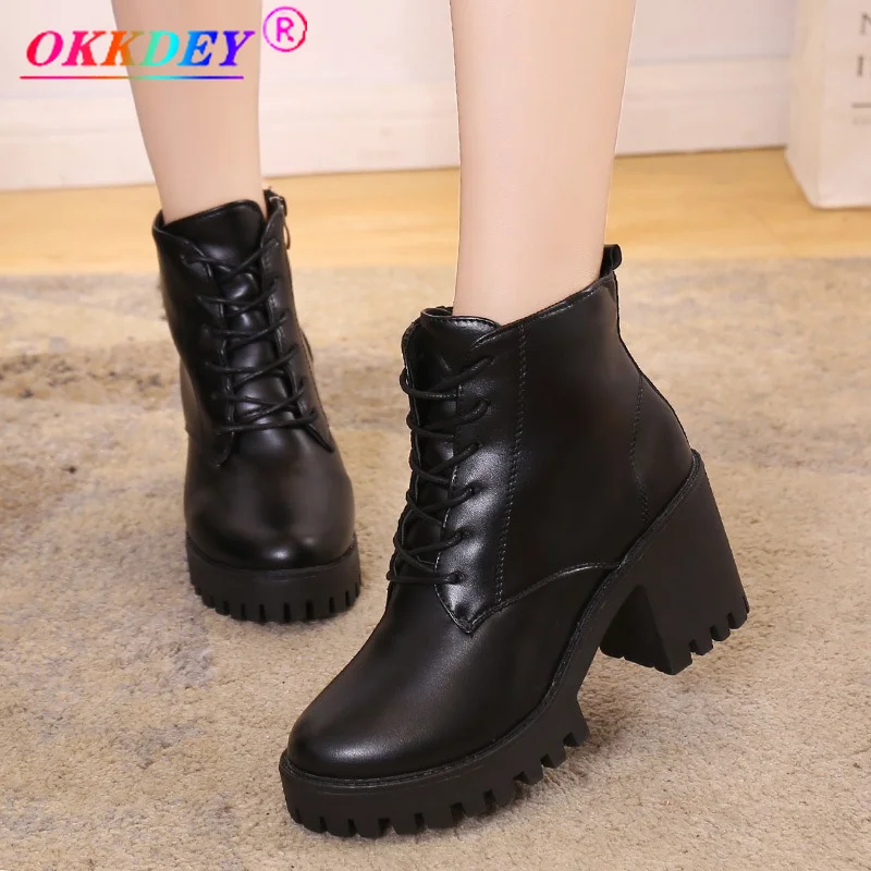 

2021 Winter New Short Boots Women's British Style Waterproof Platform High Heels Lace Up Leather Women's Boots and Ankle Boots