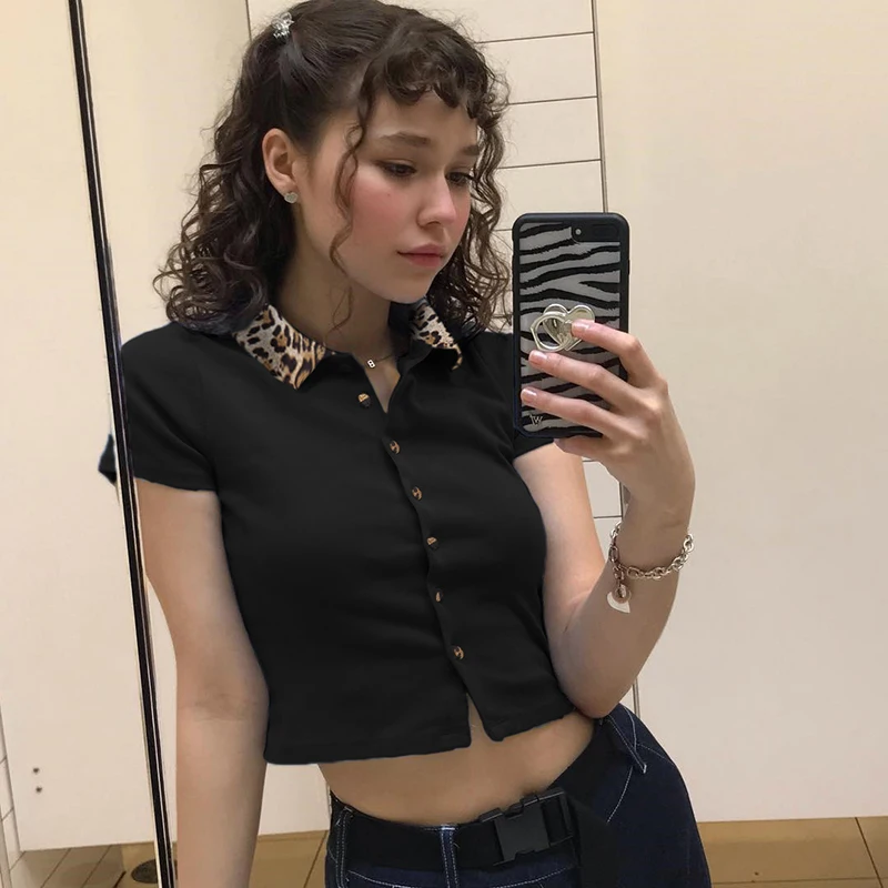

2021 Leopard PrinLeopard Print T-Shirt Women Turn-down Collar Button Short Sleeve Crop Top Black Streetwear Bodycon Basic Shirts