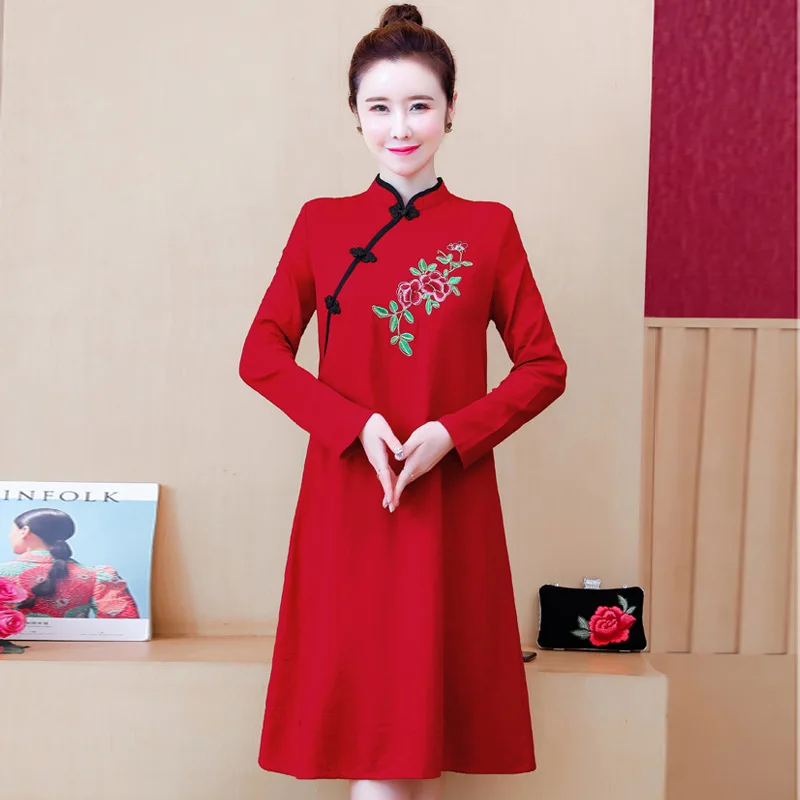 

Женское винтажное платье Ципао, свободное традиционное китайское платье с вышивкой и длинным рукавом, большие размеры, осень 2020