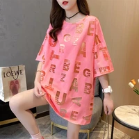 full letters hollow out t shirts yellow pink long tshirt female loose o neck harajuku streetwear t shirt sexy tops summer women