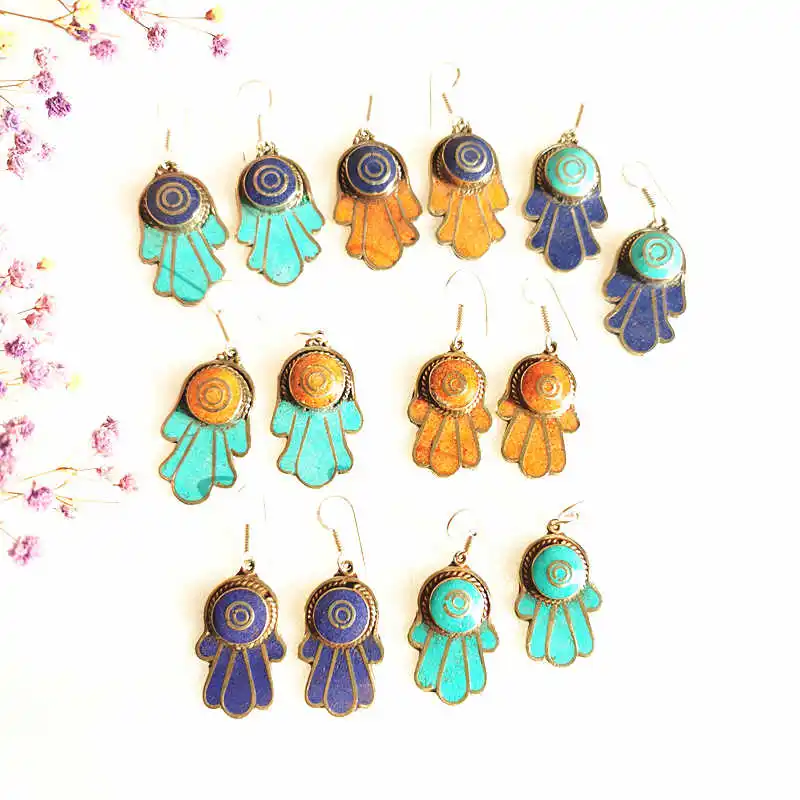 

E006 Zen Jewelry Buddha Hand Earring Copper Inlaid Multi Colors