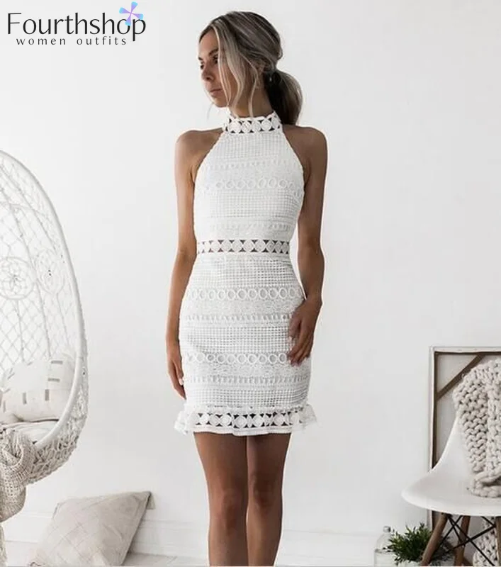 Женское кружевное Бандажное платье белое короткое вечернее мини в пляжном стиле