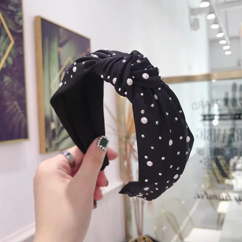 black hairband Новинка, модная повязка на голову для девочек, ручная работа, блестящие жемчужные стразы, украшение, повязка на голову для женщин, средний узел, аксессуары для волос в виде тюрбана - Цвет: black hairband