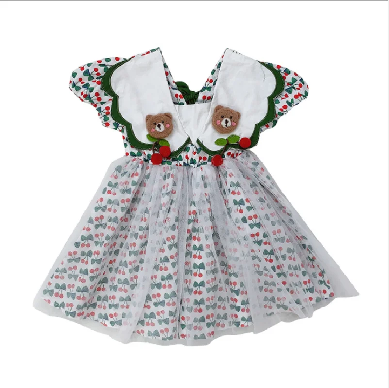 

Girls Dresses 2021 Summer Children's Clothing Kids Cherry Skirt Baby Mesh Yarn Bear Princess Dress for Children Aged 2-9