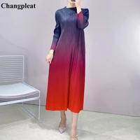 changpleat 2021 autumn miyak pleated gradient women dresses fashion loose stand up collar large size female a line dress tide