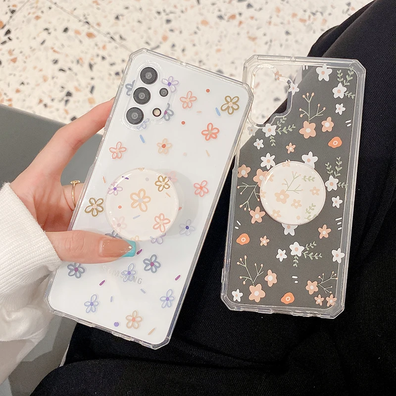 cartoon flower tpu clear bracket phone case for samsung s21 s20 s10 plus a52 a72 a32 a10 note 20 10 cute floral shockproof cover free global shipping
