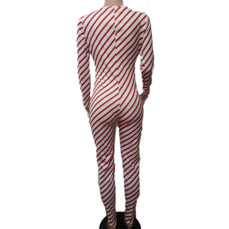 

Stripes Bodycon Christmas Jumpsuits for Women 2021 V-Neck Sexy Skinny Long Sleeve Bodysuit Ladies One Piece Plus Size Rompers