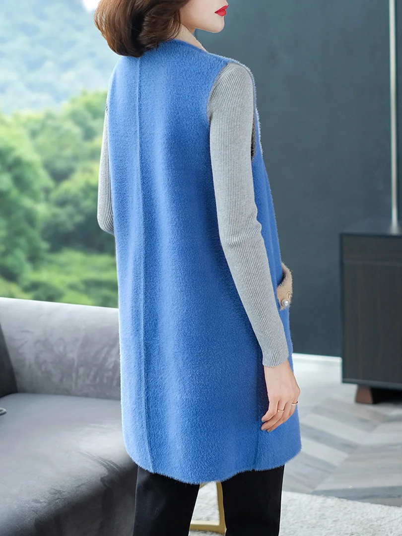 Женский длинный вязаный жилет свободный однотонный кардиган без рукавов в