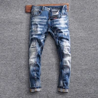 street style fashion men jeans retro light blue elastic slim fit ripped jeans men spliced designer hip hop splashed biker pants