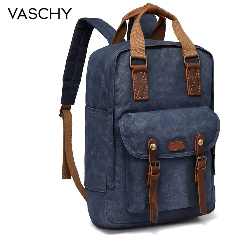 

Винтажный рюкзак для ноутбука VASCHY для мужчин, вощеная холщовая кожаная школьная сумка, водостойкий ретро повседневный ранец с защитой от кр...
