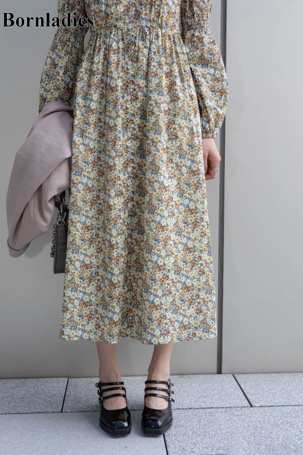 

Bornladies New Design Women's Dress Stand Neck Button Print Floral Mid Calf Vestidos Japan Style Temperament Slim Waist Dresses