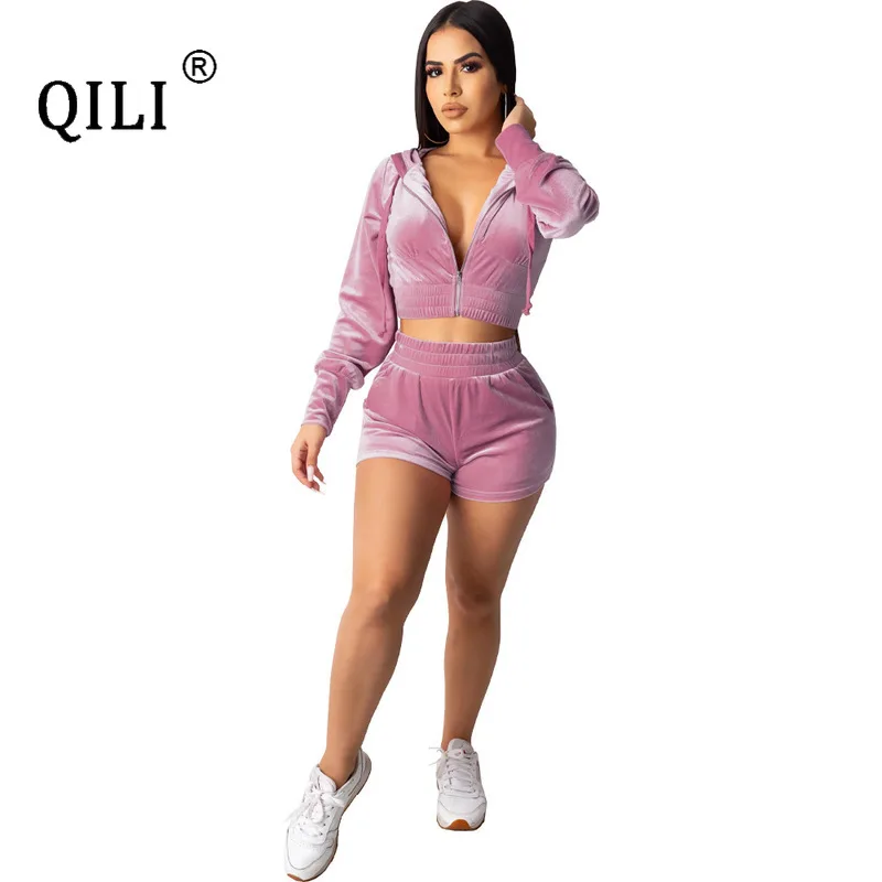 

QILI Women Two Piece Set Velver Rompers Full Sleeve Hoodies Zipper Jumpsuit Playsuits 2020 Womens Outfits Black Pink