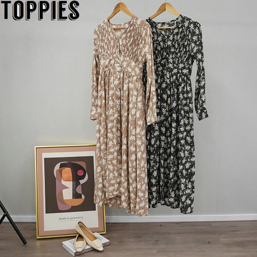 

Женское платье-миди с цветочным принтом, длинным рукавом и V-образным вырезом