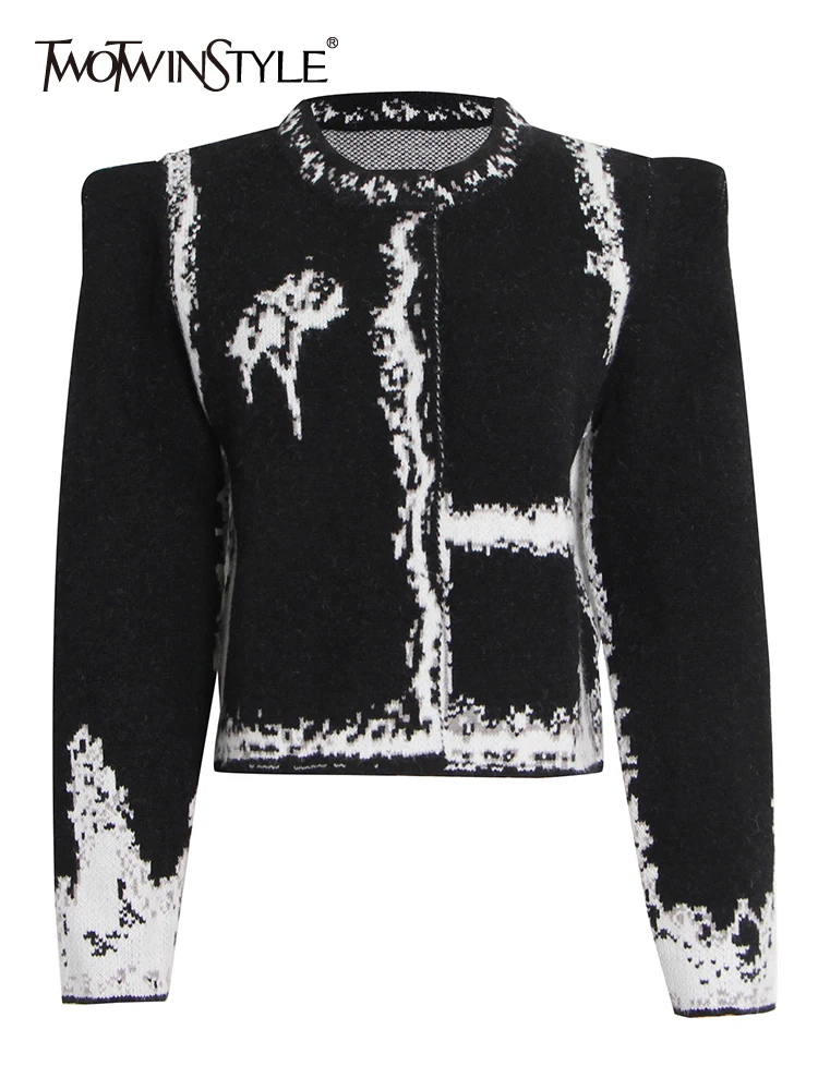 

TWOTWINSTYLE Tie-dye Colorblock Sweater For Female O Neck Long Sleeve High Waist Loose Women's Casual Sweater Fashion 2021