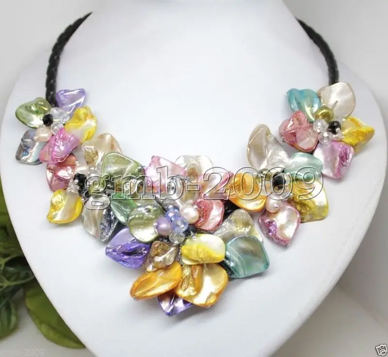 8 цветов плетеный желтый оболочка 5 жемчуг кристалл черный кожаный нагрудник