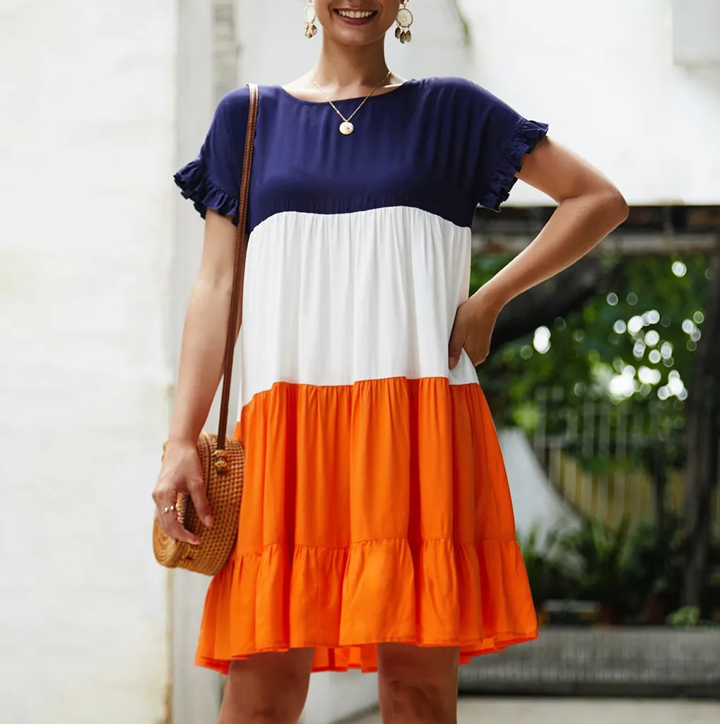 2019 летние современные женские повседневные Лоскутные с круглым вырезом новые