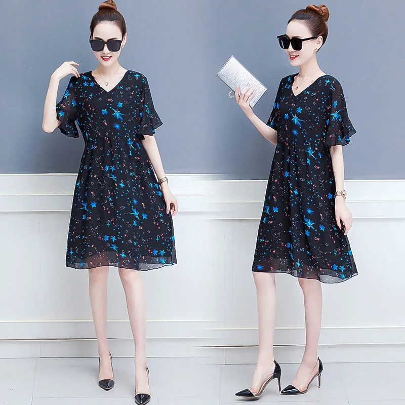 

2022 NEW Summer Short Sleeve V-neck Slim Floral Chiffon Dress Women's Clothing elegant Dresses b350