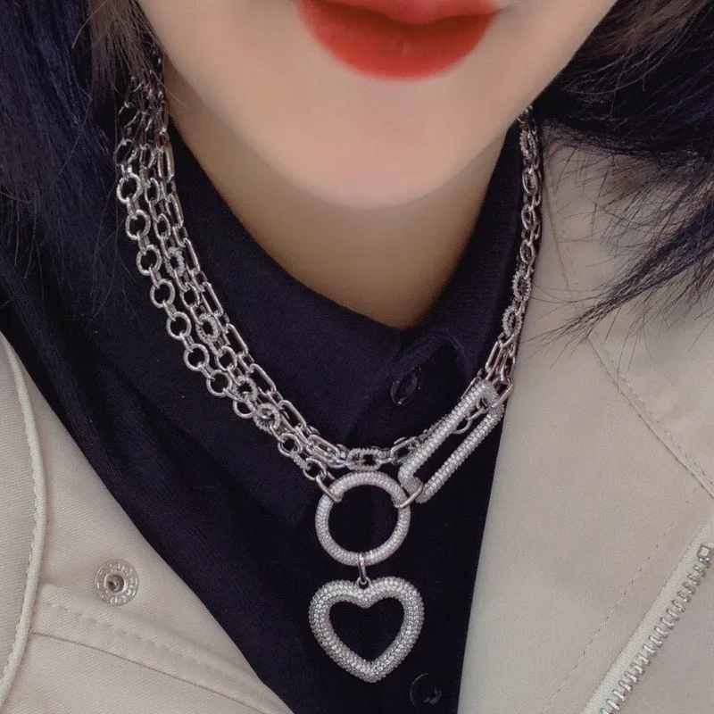 

UMGODLY Luxury High Quality Silver Color Heart Necklace Circle and Rectangle Triple Chain Pendant Zirconia Women ECLAT Jewelry