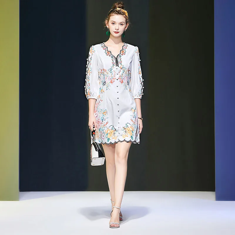 

Женское модельное платье-трапеция Seifrmann, короткое платье с рукавами-фонариками, пуговицами, бисером и цветочным принтом, лето 2021
