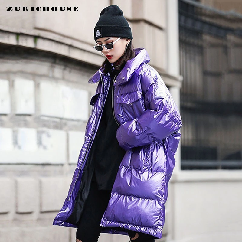 

ZURICHOUSE 2023 Winter Jacket Woman Long Down Padded Parka Fashion Glossy Purple Warm Oversized Women's Down Jacket