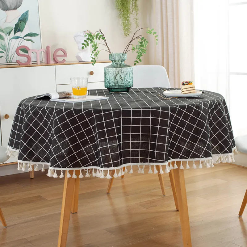 

Tablecloth Fabric Cotton Linen Washable Table Cloth Black Plaid Tassel Round Table Cover Cloth for Coffee Table Home and Kitchen