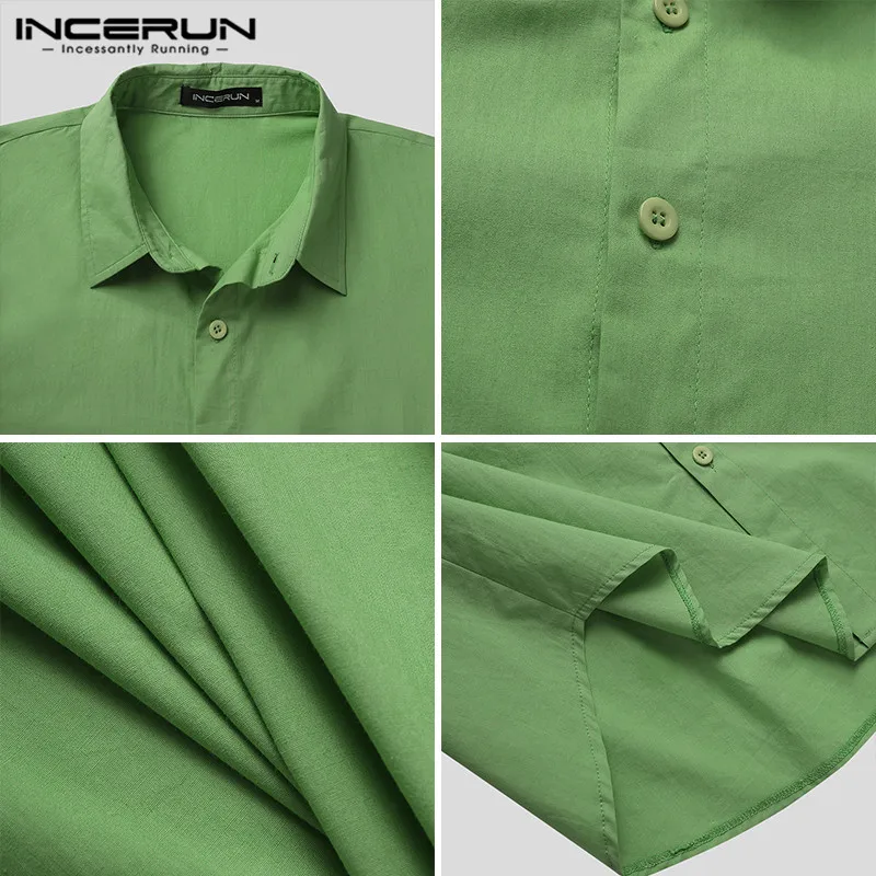 

INCERUN Men Solid Color Long Sleeve Shirts Korean Style Pocket Blouse Fashion Turn Down Collar Cotton Shirt Loose Camisa S-5XL