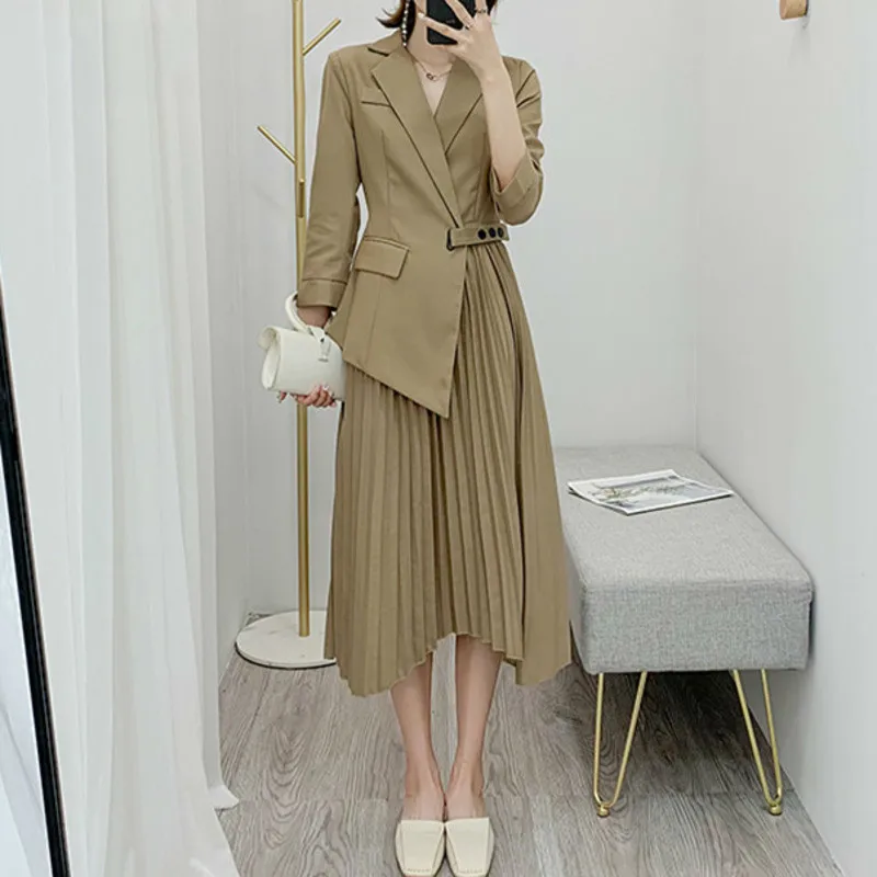 LANMREM 2020 Новое весеннее Плиссированное асимметричное платье с длинными рукавами