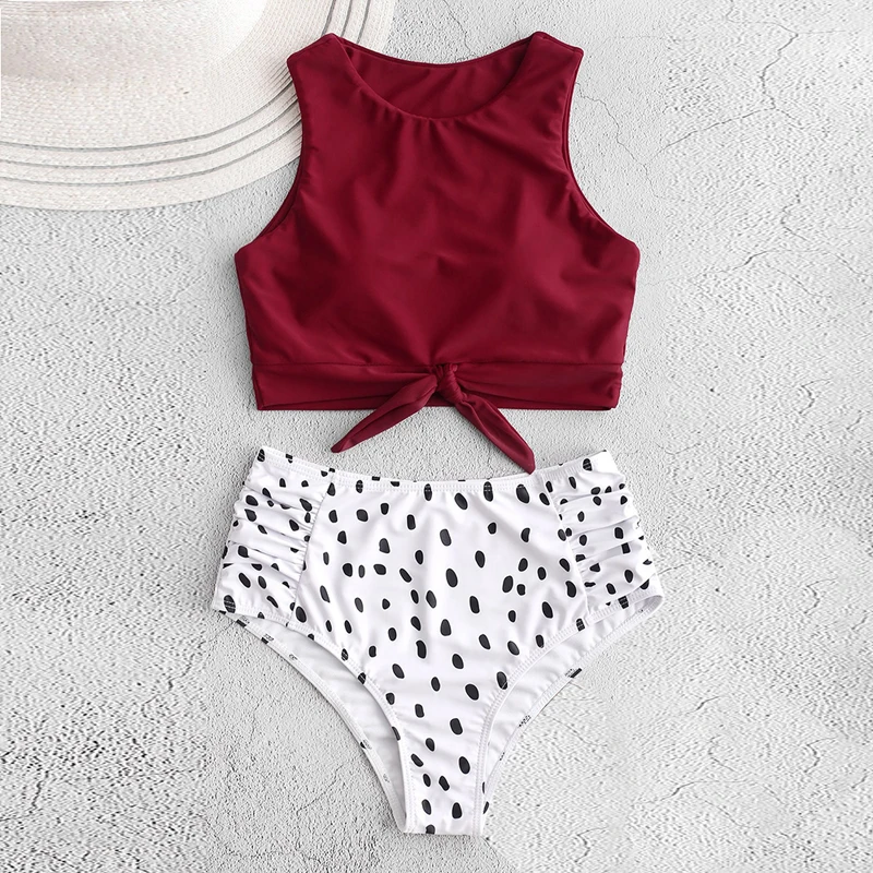 Женский купальник с высокой талией пуш ап комплект бикини узелком на подоле