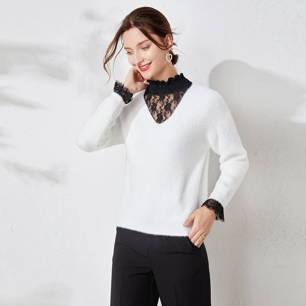 

Женские Пуловеры и свитера HLBCBG, вязаный женский белый свитер с кружевом, мягкий женский джемпер из меха норки по умолчанию