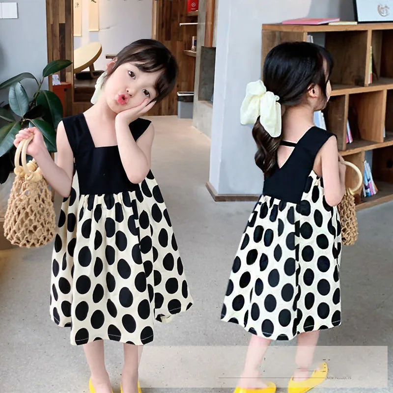 

Модное платье для девочек, Новинка лета 2021, милый детский костюм принцессы в горошек, без рукавов, в стиле пэчворк, детская одежда