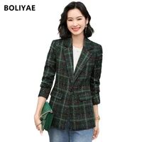 boliyae high quality blazer women 2021 designer fashion long sleeve plaid jackets spring autumn for office lady wear tops za trf