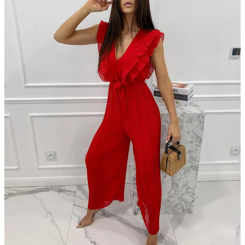 

Fashion Summer V Neck umpsuits Women Elegant Tie Belt Cascading Folds JJumpsuit Women Full Length Wide Leg Jumpsuits Ladies