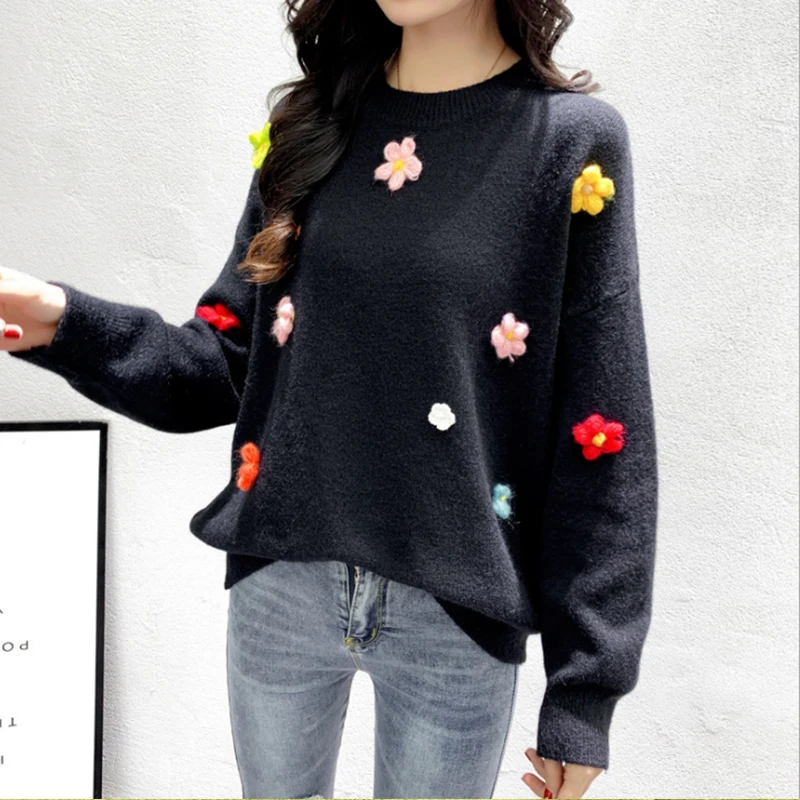 Женский Повседневный свитер с цветочной вышивкой женский длинным рукавом и