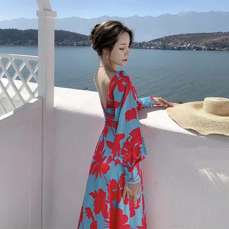 

New winter printed dress long-sleeved v-neck long dress in temperament show thin