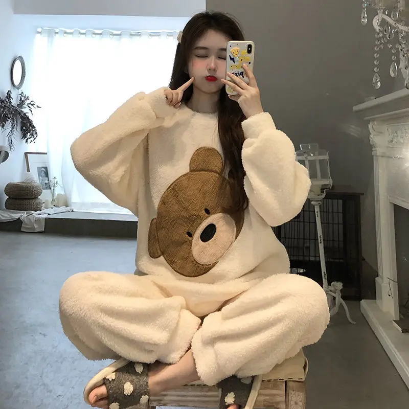 Long-sleeved Pajamas Women's Thickened Flannel Round Neck Suit Loose and Comfortable Cute Cartoon Home Service Pijamas Women