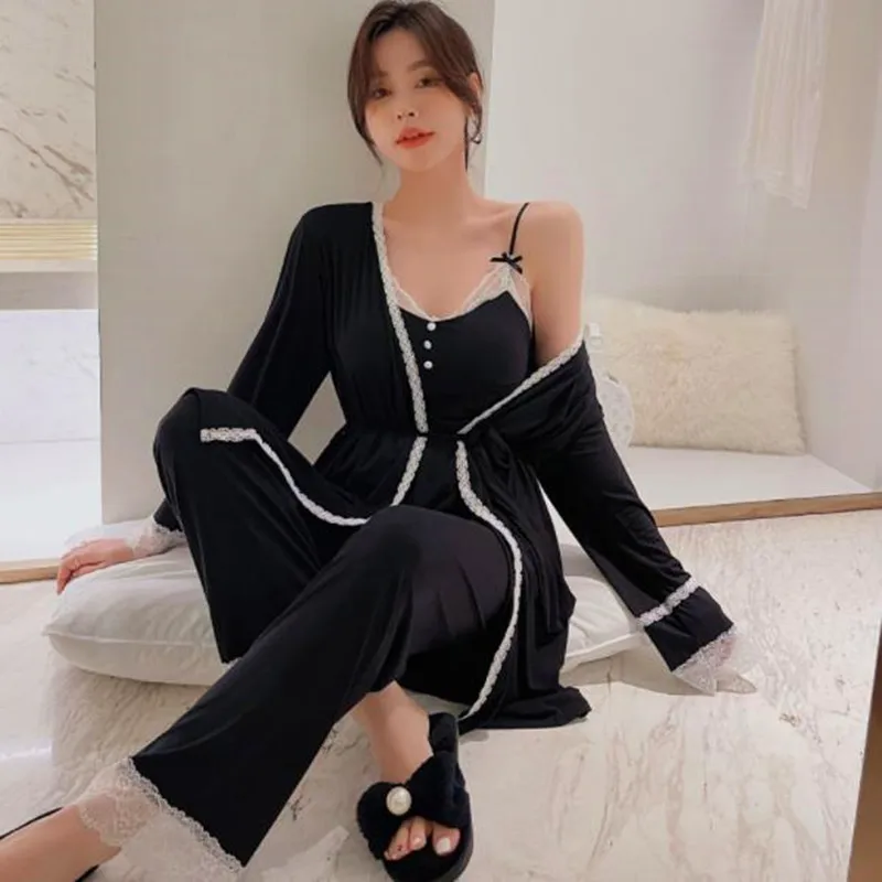 

Fdfklak комплекты одежды Sexy Modal Soft Sleepwear Robe + Sling + Pant Three Piece Set Spring Women Pajama Sets Pijamas de mujer