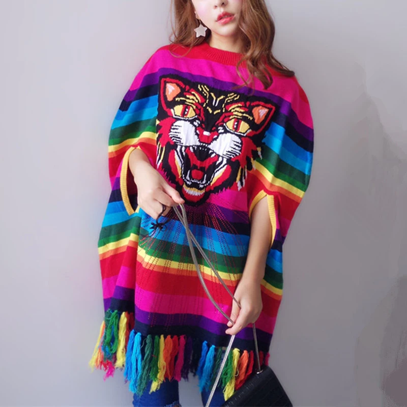 Женское пончо с тигровой головкой трикотажный подиумный пуловер радужными