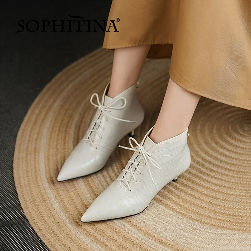 

SOPHITINA Women Boots Elegant Dress Stone Pattern Premium Leather Boots Thin Heels Lace-Up Commute Sexy Party Women Shoes YO87