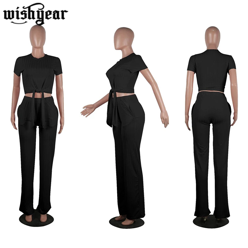 

2020 New women Knitted Tracksuit Short Sleeve Tie Up Sweater Straight Long Pants Suits Two Piece Set Combinaison Femme S-2XL