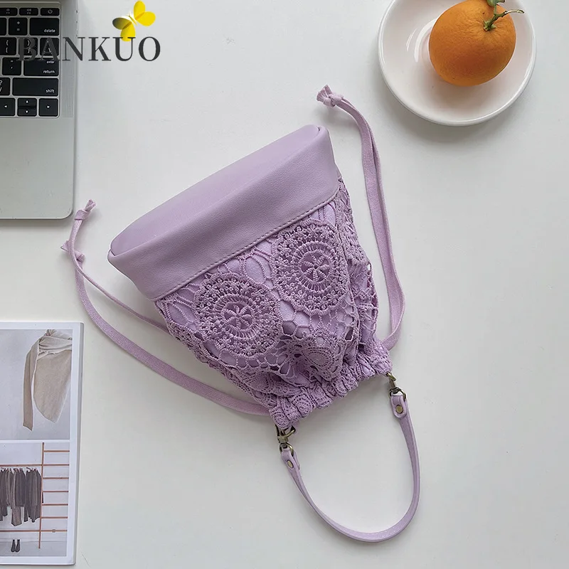 

BANKUO Womens Bag PU Leather Lace Bucket Bags Drawstring Bag Solid Soft Shoulder Bags for Women Creative Crossbody Bag Z419