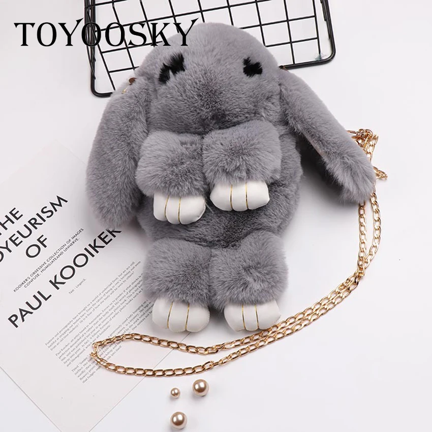 Милая пушистая сумка через плечо с кроликом TOYOOSKY меховая помпонами и цепочкой