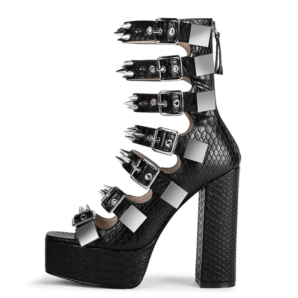 

Womens 5.3" High Platform Rivet Studs Block Heels Sandals Belt Buckle Cut Out Shoes Punk Gladiator Black White Plus Size New