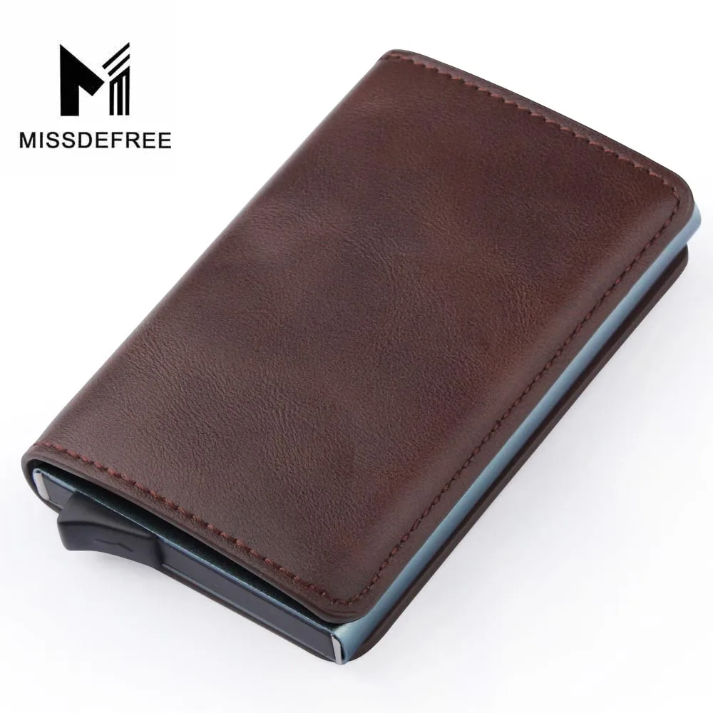 Coffee Алюминий бумажник с заднего кармана ID Card Holder RFID Блокировка мини-тонкий металлический кошелек автоматические всплывающие Кредитная карта монет кошелек - Цвет: Coffee