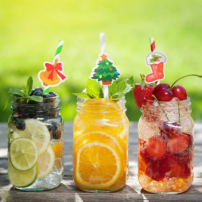 

10Pcs Christmas Tree Santa Stocking Gingerbread Man Paper Juice Drinking Straws for Christmas Wedding Birthday Party Decoration