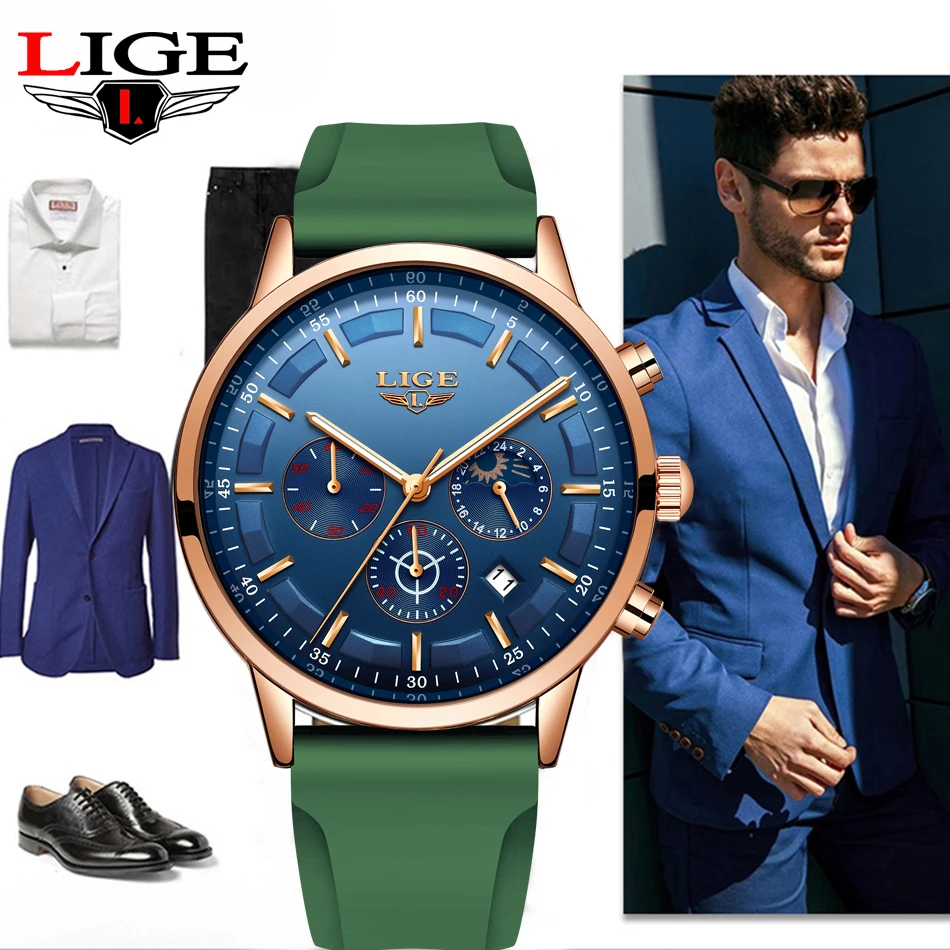 LIGE новинка силиконовые наручные часы кварцевые спортивные бизнес Роскошные