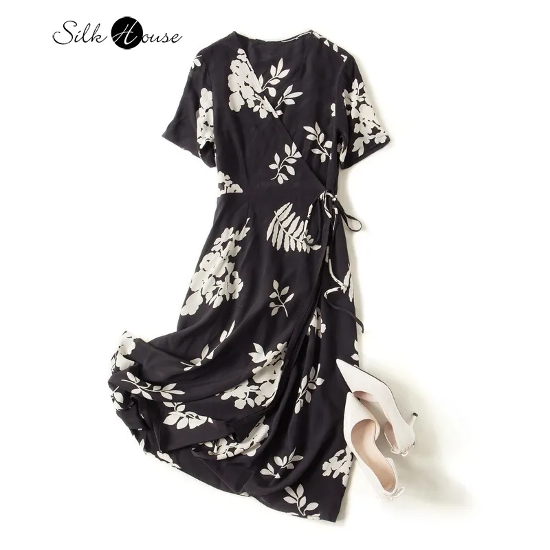 

Elegant Plain Printed Wrapped Silk Dress Women's Silk Short-Sleeved Midi Waist Hugging Slim A- line Dress Summer