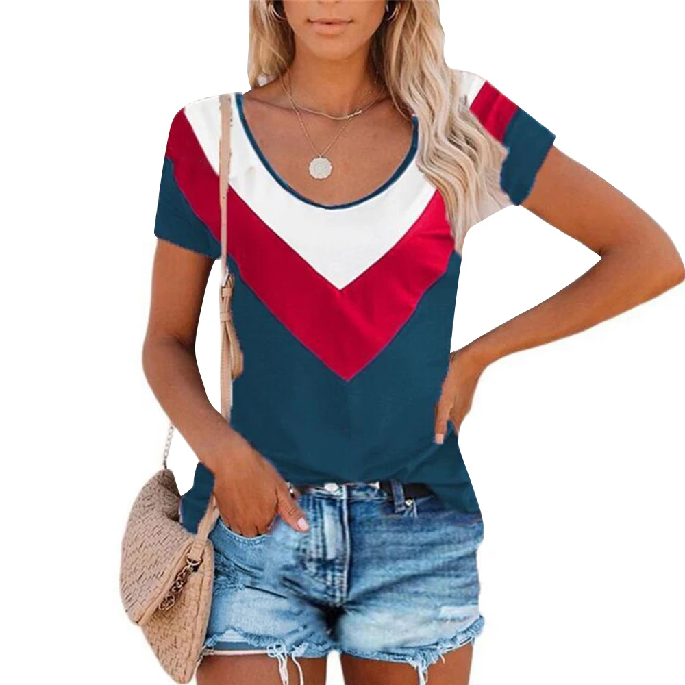 

Summer T Shirt for Women Striped Patchwork Short Sleeve Pullover Women Clothing Summer Top Tees Casual Loose T Shirt Female